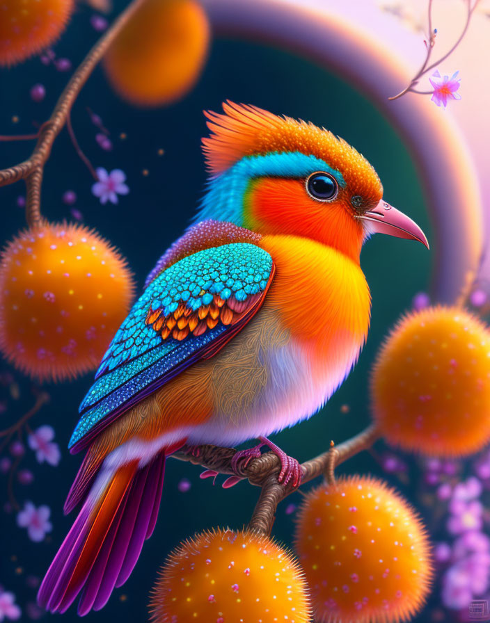 Vibrant bird illustration with colorful plumage on branch