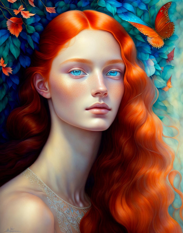 Portrait of woman with red hair, blue eyes, surrounded by flowers and butterfly