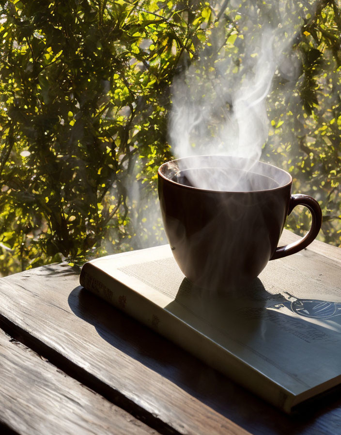 Steaming cup of coffee on open book with sunlit green foliage background