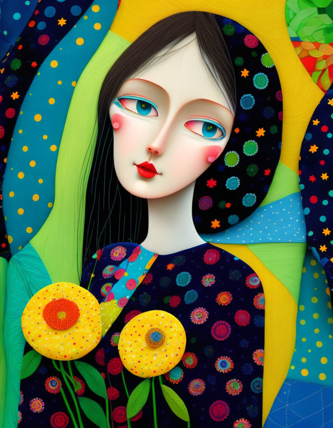 Surreal artwork of pale-skinned female figure with wide eyes and red lips surrounded by colorful floral