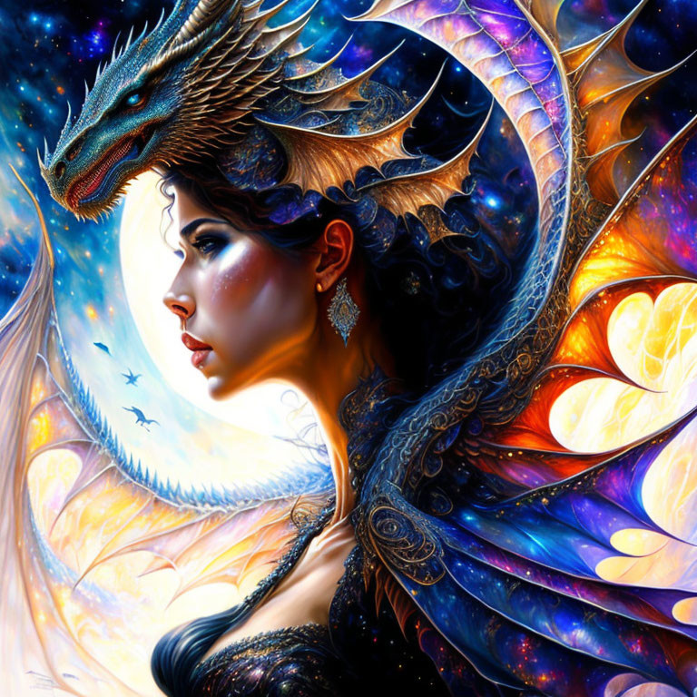 Colorful artwork of a dragon-inspired woman in cosmic scenery