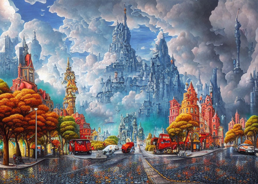 Colorful surreal cityscape painting with autumn trees and whimsical architecture.