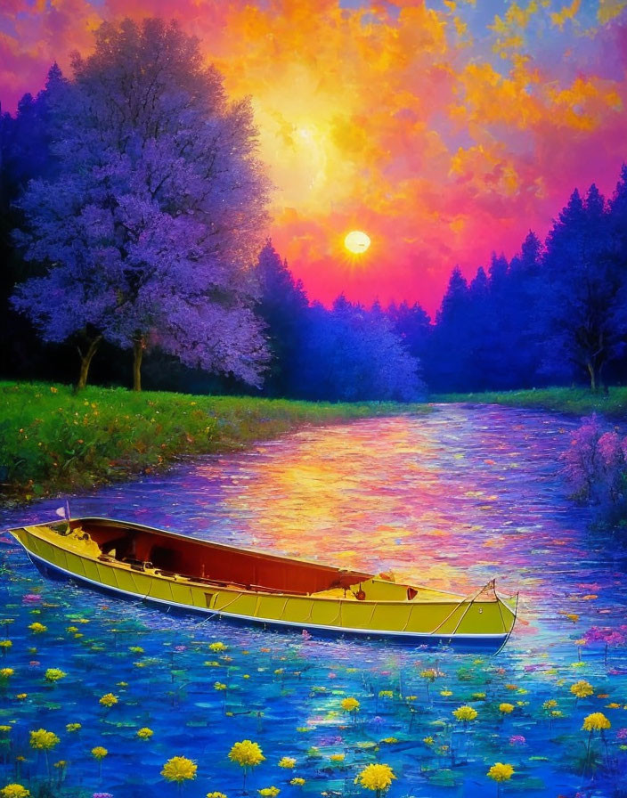 Colorful boat painting on river with blooming flowers and sunset sky