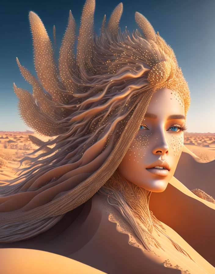 Fantasy portrait of female figure with golden hair in desert setting.