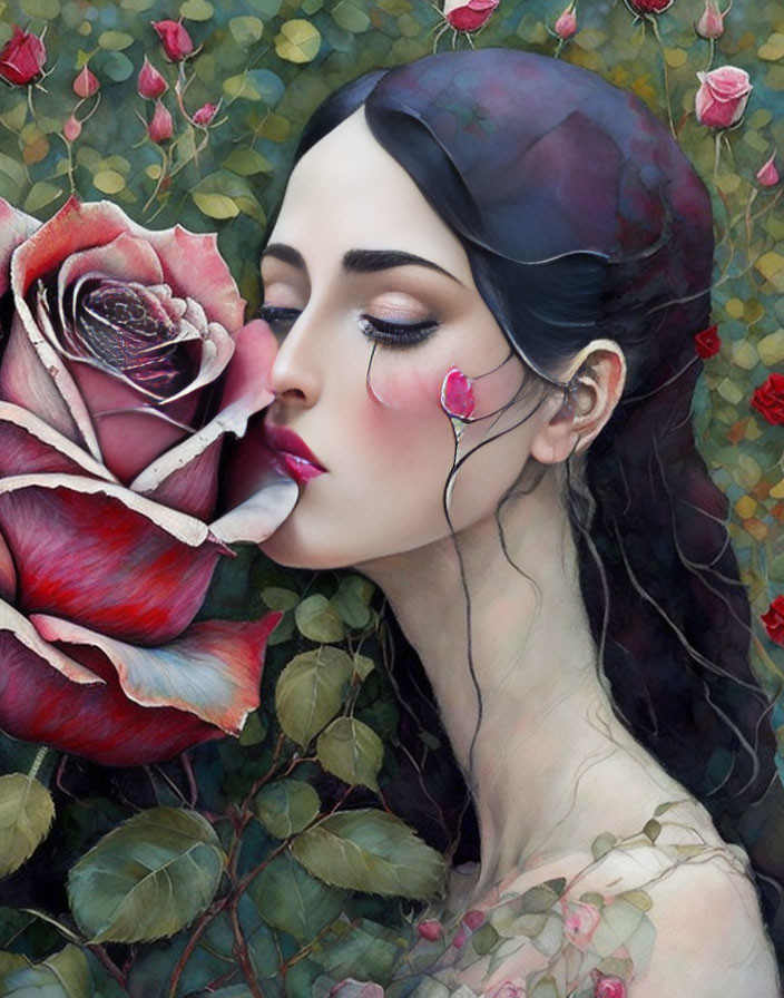 Woman Smelling Red Rose Surrounded by Roses and Leaves