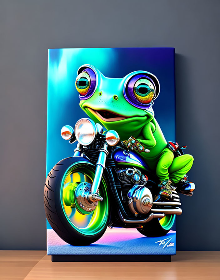 Vibrant cartoon frog on motorcycle canvas art against grey wall