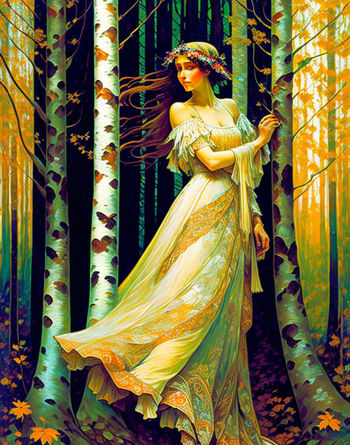 Ethereal woman in yellow gown with floral crown in sunlit birch forest