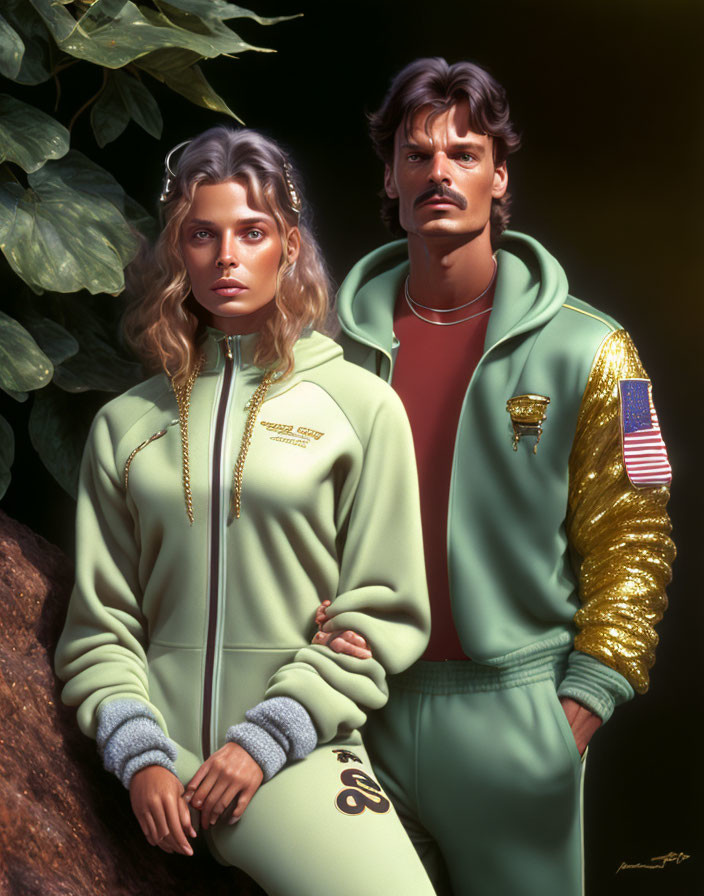 Digital painting of woman and man in retro athletic wear, woman in green tracksuit, man in red