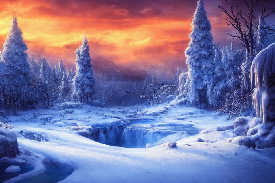 Snow-covered trees, cascading river, vibrant sunset in serene winter landscape