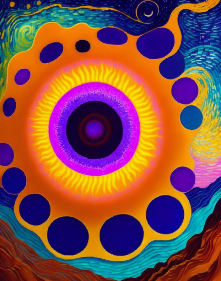 Colorful Psychedelic Digital Artwork with Swirling Circular Patterns