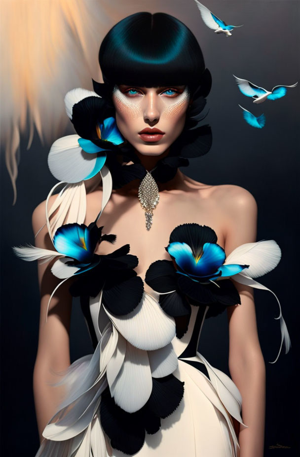 Digital artwork featuring woman with blue-black hair, dramatic makeup, feather-adorned dress, and blue