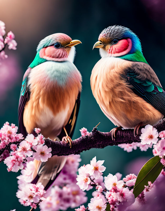 Colorful Birds on Blossoming Branch with Pink Flowers and Bokeh Background