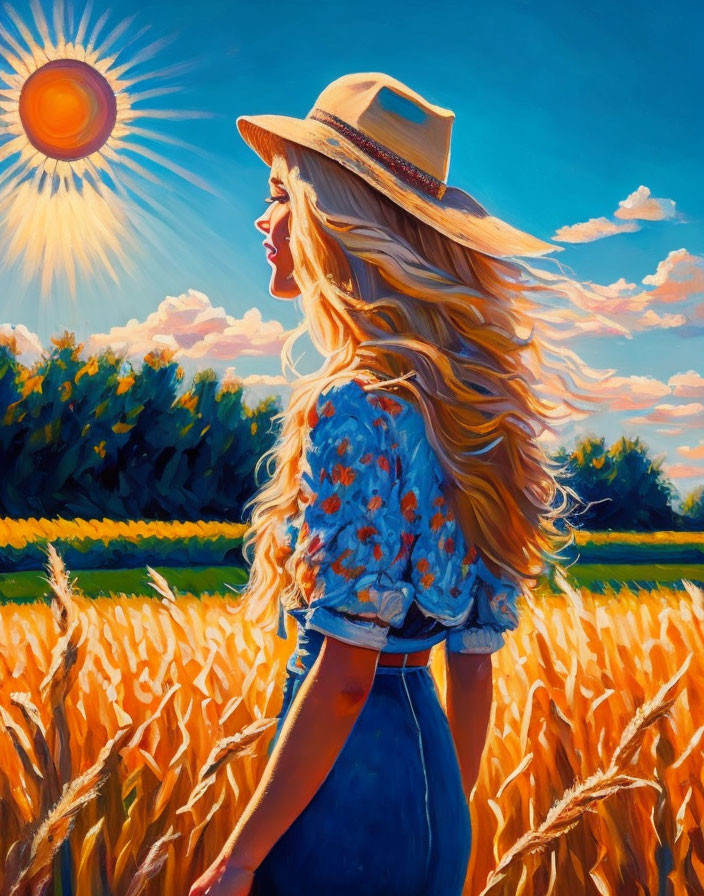 Woman in straw hat and blue dress in golden wheat field under vibrant sun