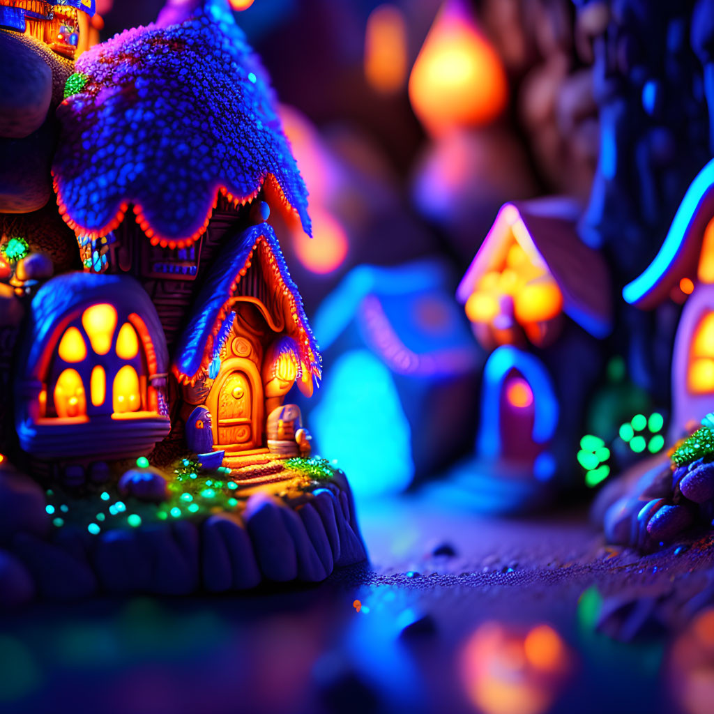 Fantasy village in magical landscape with glowing windows