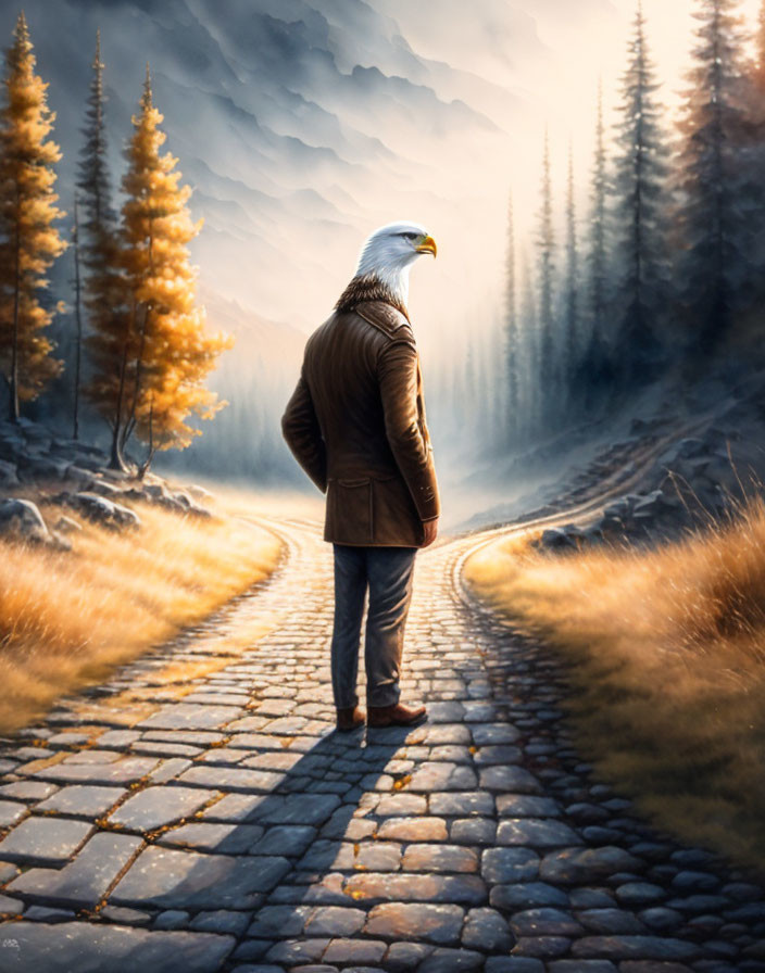 Eagle-headed figure on cobblestone path in misty autumn forest