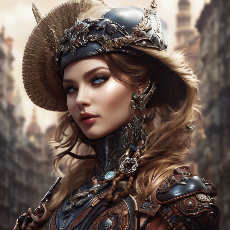 Fantasy-style armor woman in ornate attire with cityscape background