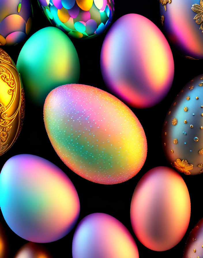 Vibrant Easter eggs with colorful patterns on dark background