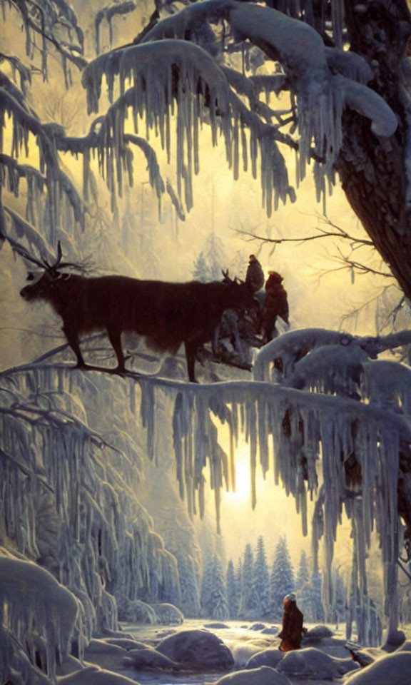 Winter forest with person on reindeer sleigh, wolf, icicles, and frost-covered trees