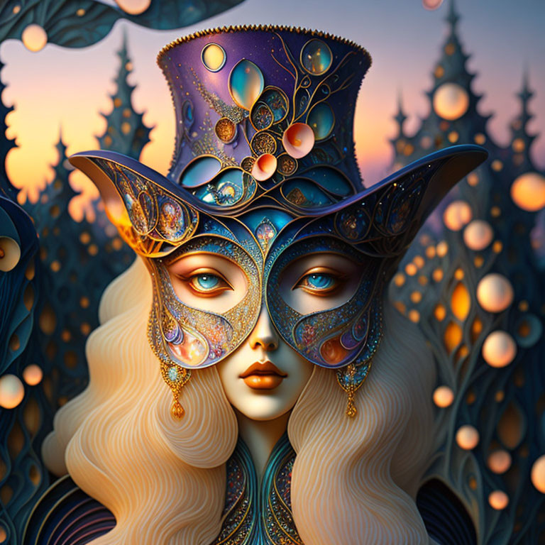 Stylized woman with peacock mask and hat against ornate tree background