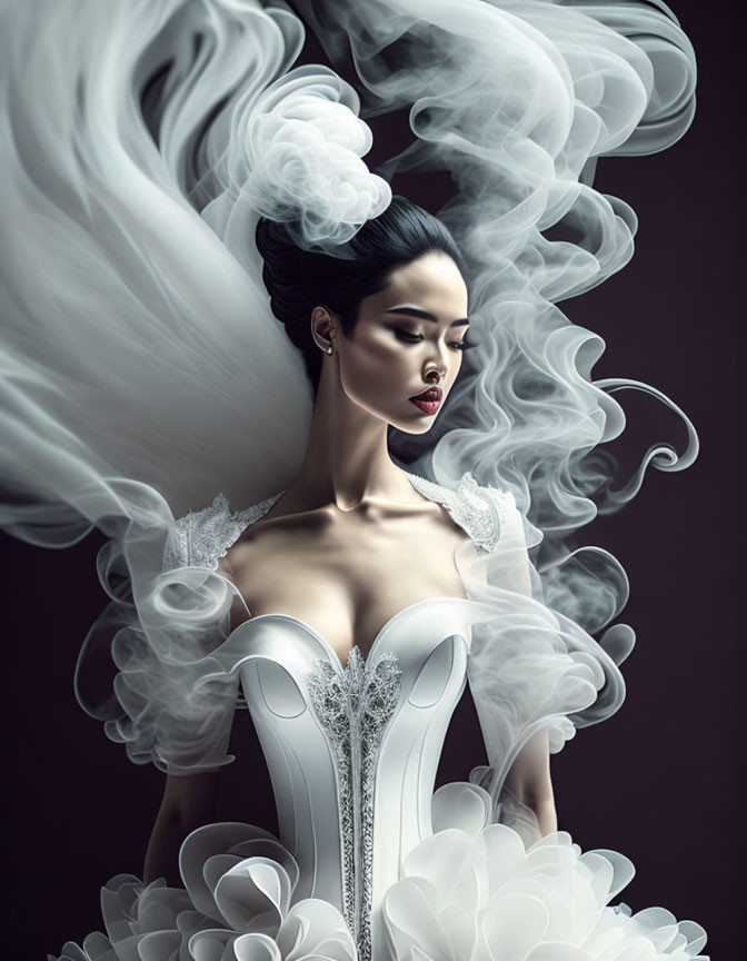 Elegant woman in white gown with lace surrounded by white smoke swirls.