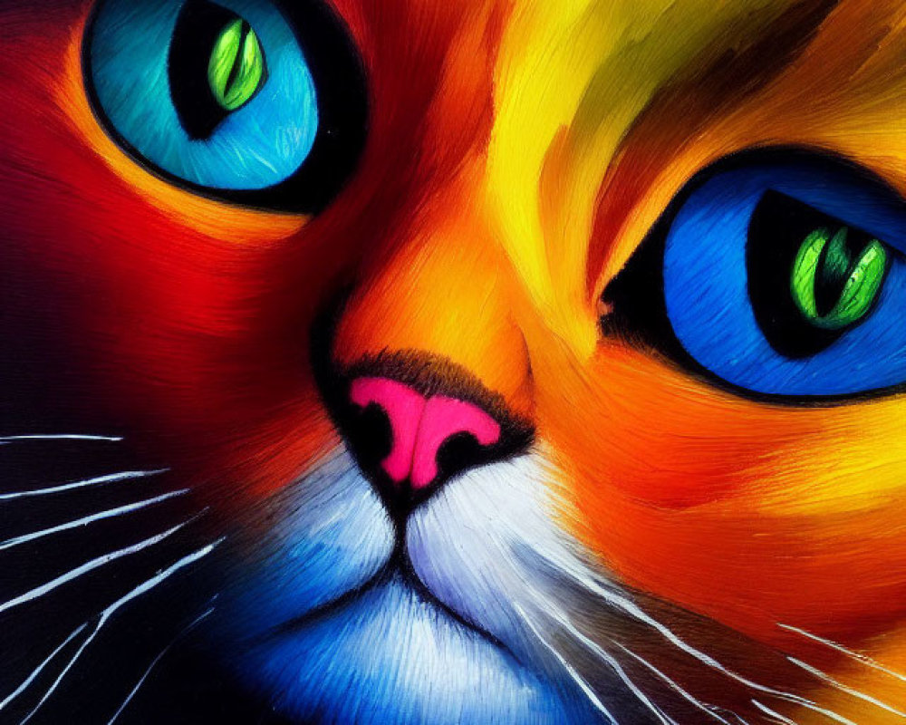 Vibrant Close-Up Cat Painting with Colorful Fur and Eyes