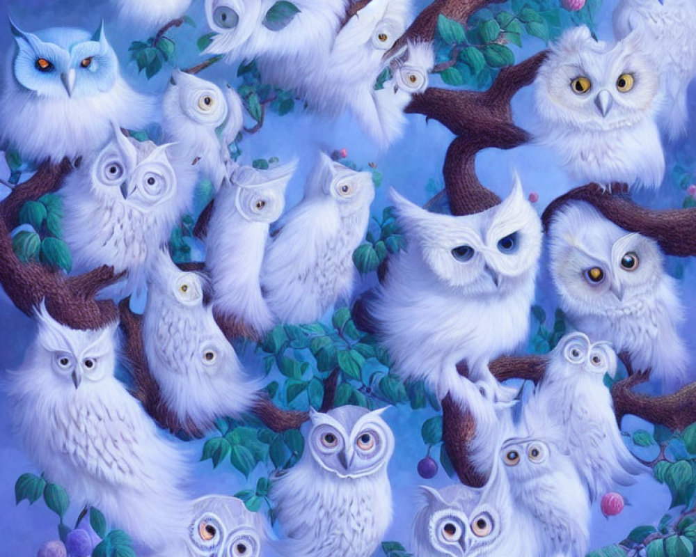 Whimsical white owls on twisting branches in nature scene