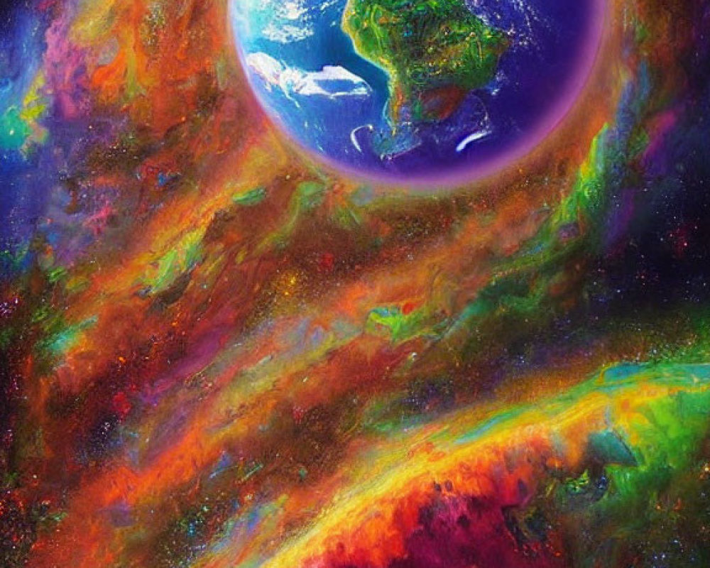 Colorful Cosmic Painting of Earth and Second Planet in Nebula-Filled Space