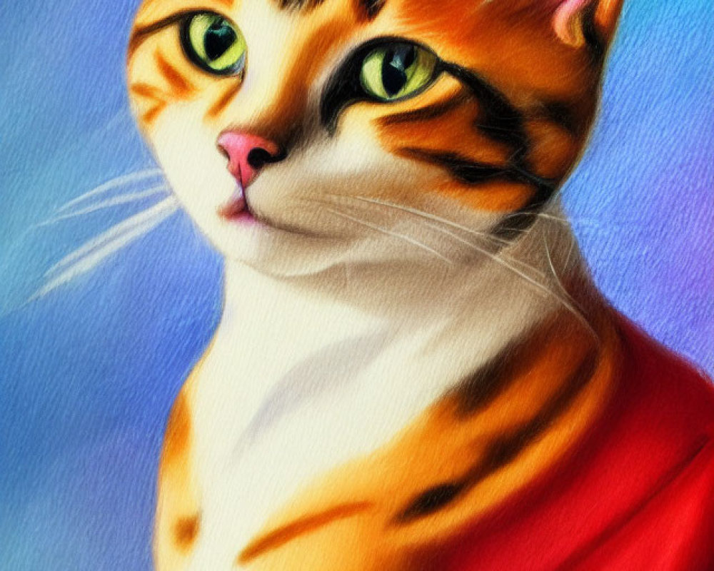 Pastel-drawn yellow and black striped cat in red cloak on blue background