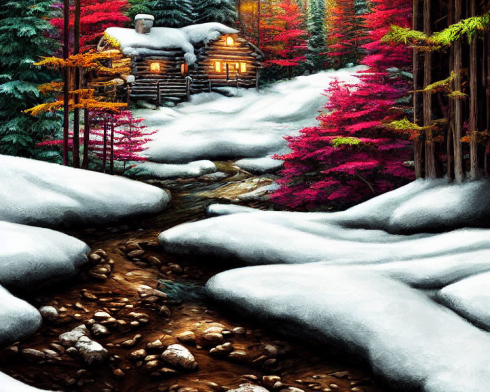 Snow-covered cabin in vibrant autumnal setting with stream and snow blanket