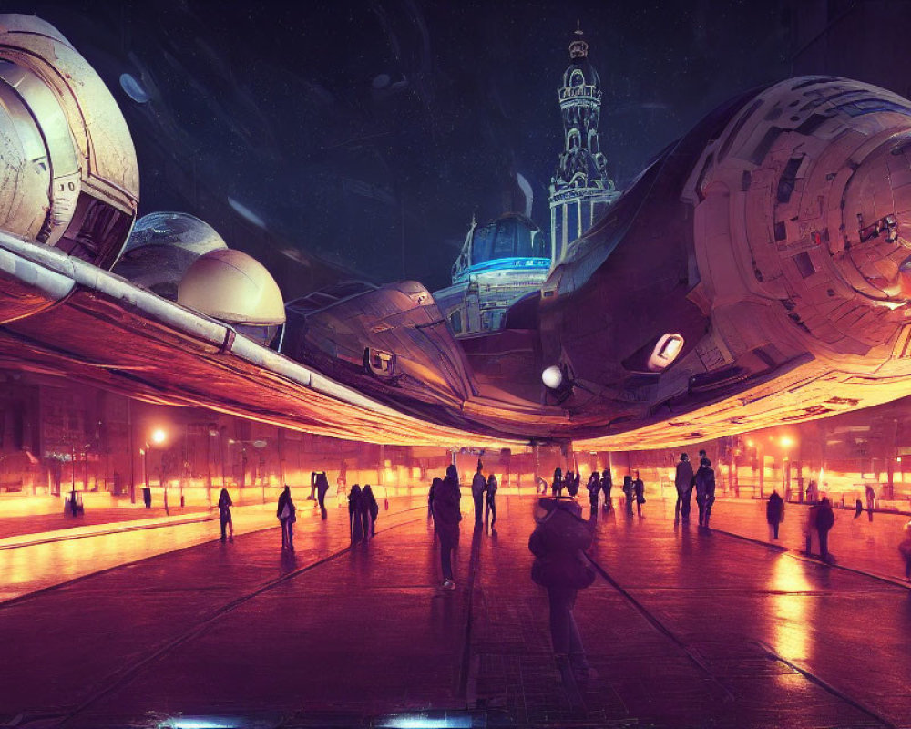 Futuristic night cityscape with spaceship and pedestrians