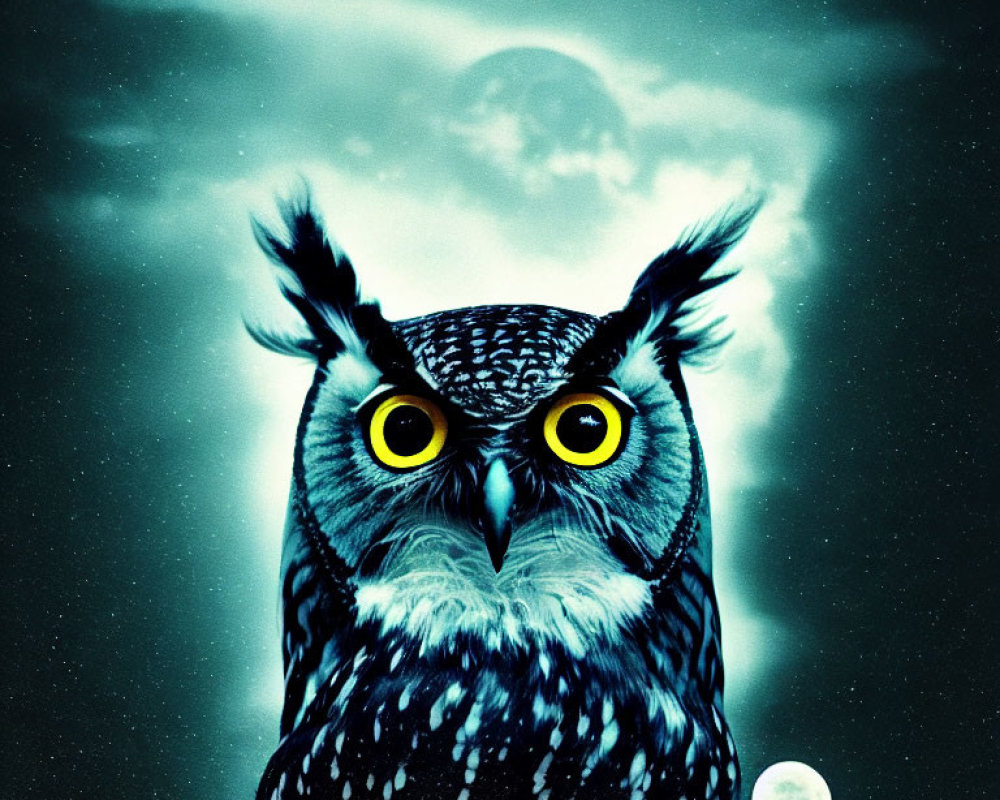 Intense owl with yellow eyes under night sky with full moon and stars