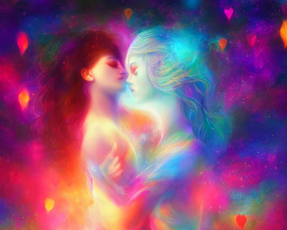 Ethereal figures embrace in colorful cosmic backdrop