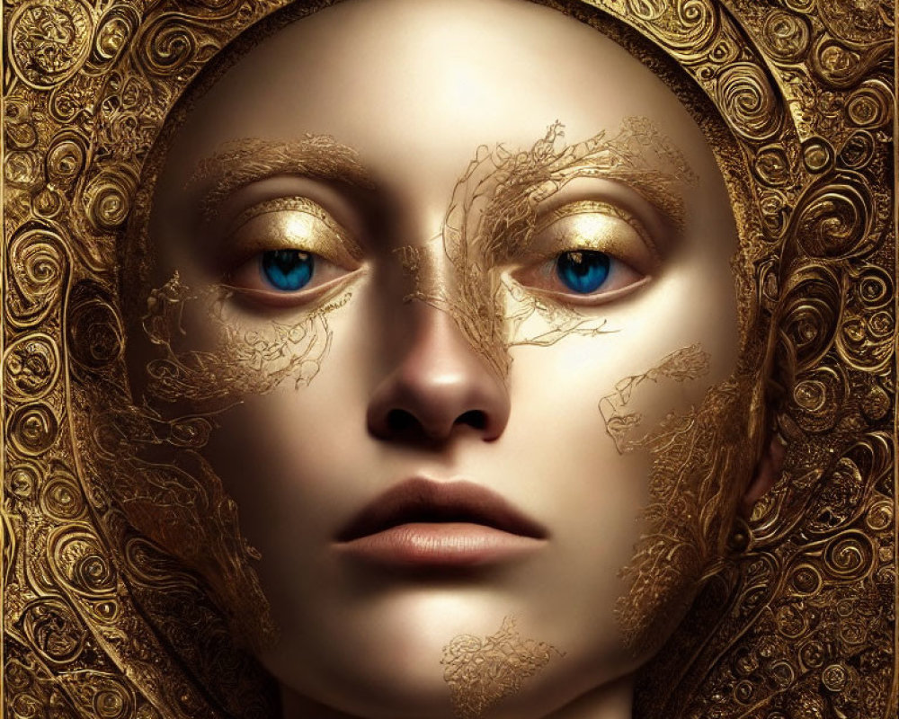 Close-up of person with gold facial embellishments and blue eyes on golden background