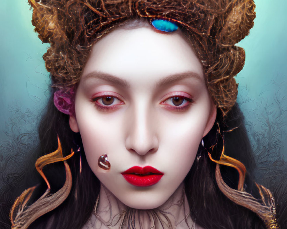 Portrait of woman with pale skin, crown of twigs and roses, intricate jewelry, serene expression on