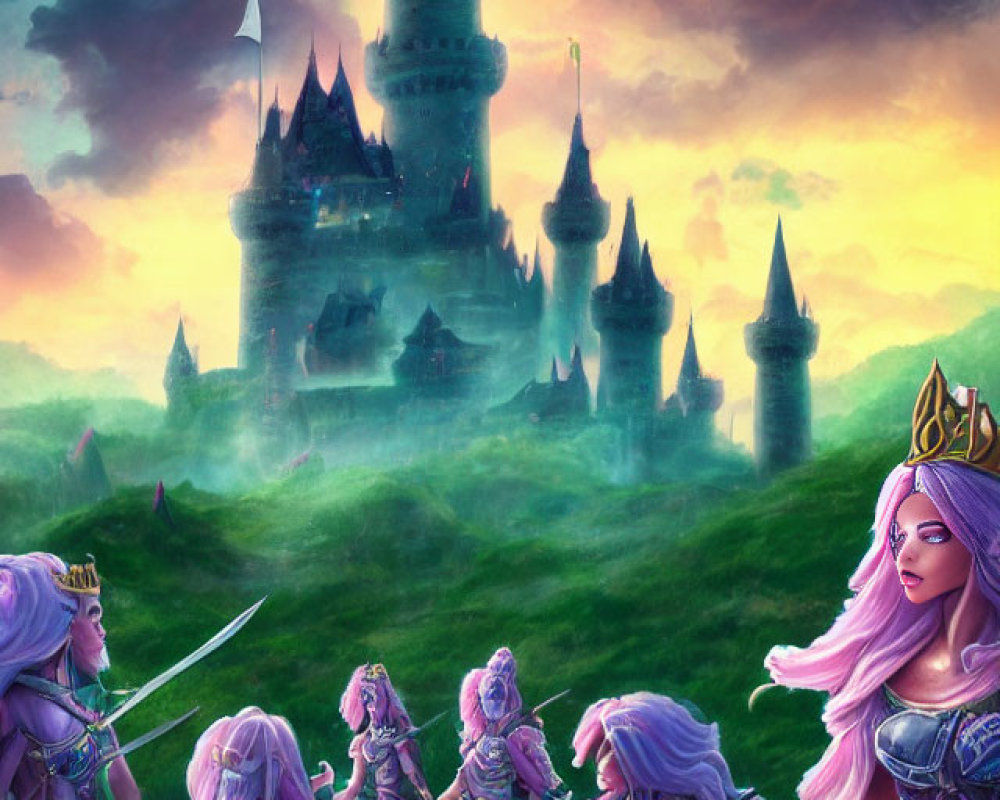 Group of female warriors with purple hair and armor holding swords in front of majestic castle at dusk