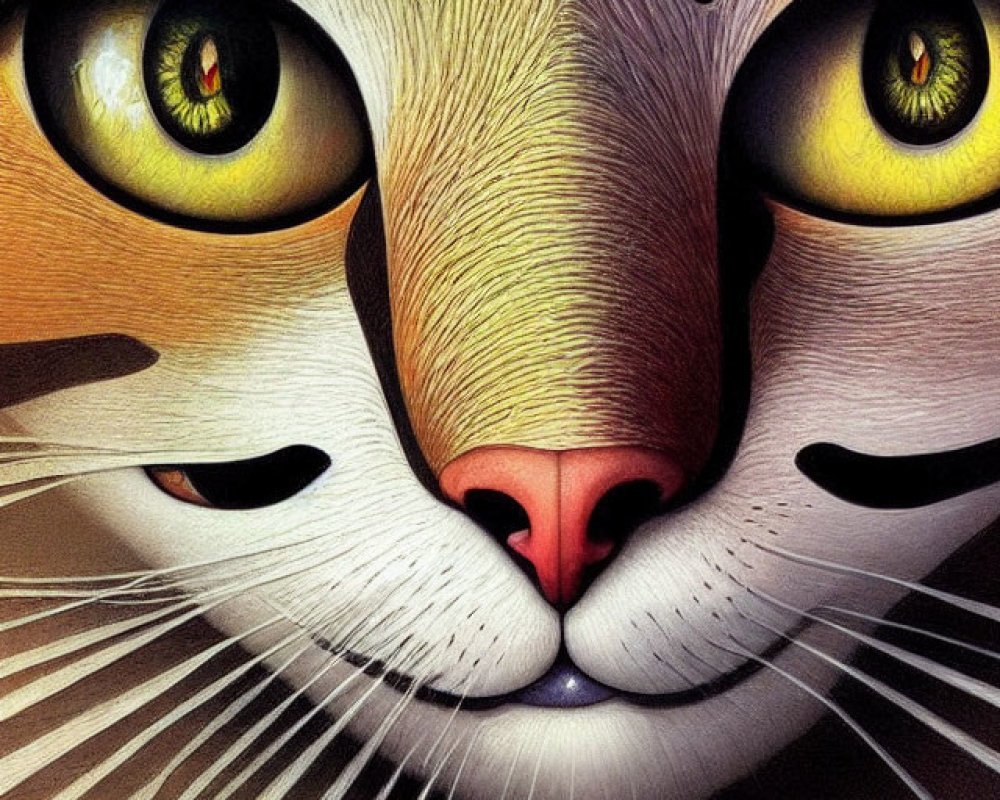 Detailed Close-Up Illustration of Cat's Face with Large Yellow Eyes