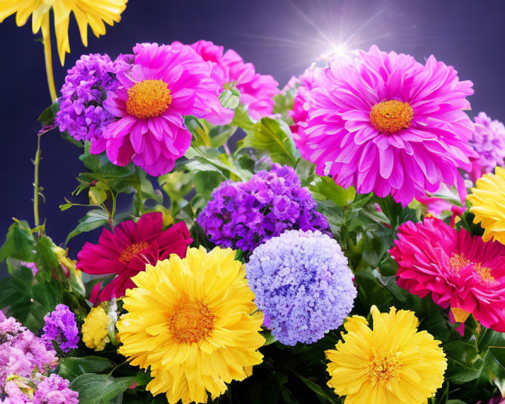 Assorted colorful flowers in wicker basket on dark background