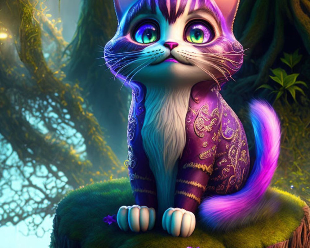 Colorful digital artwork of a stylized cat on mossy stump in enchanted forest