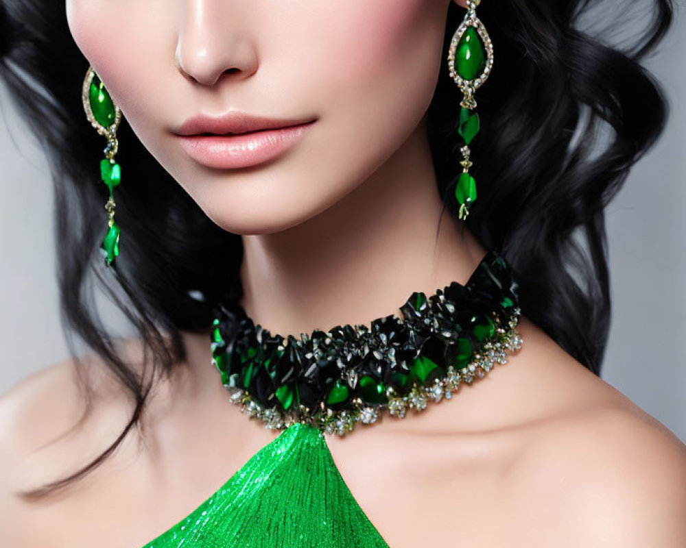 Woman with Striking Green Eyes Wearing Emerald Jewelry and Dress