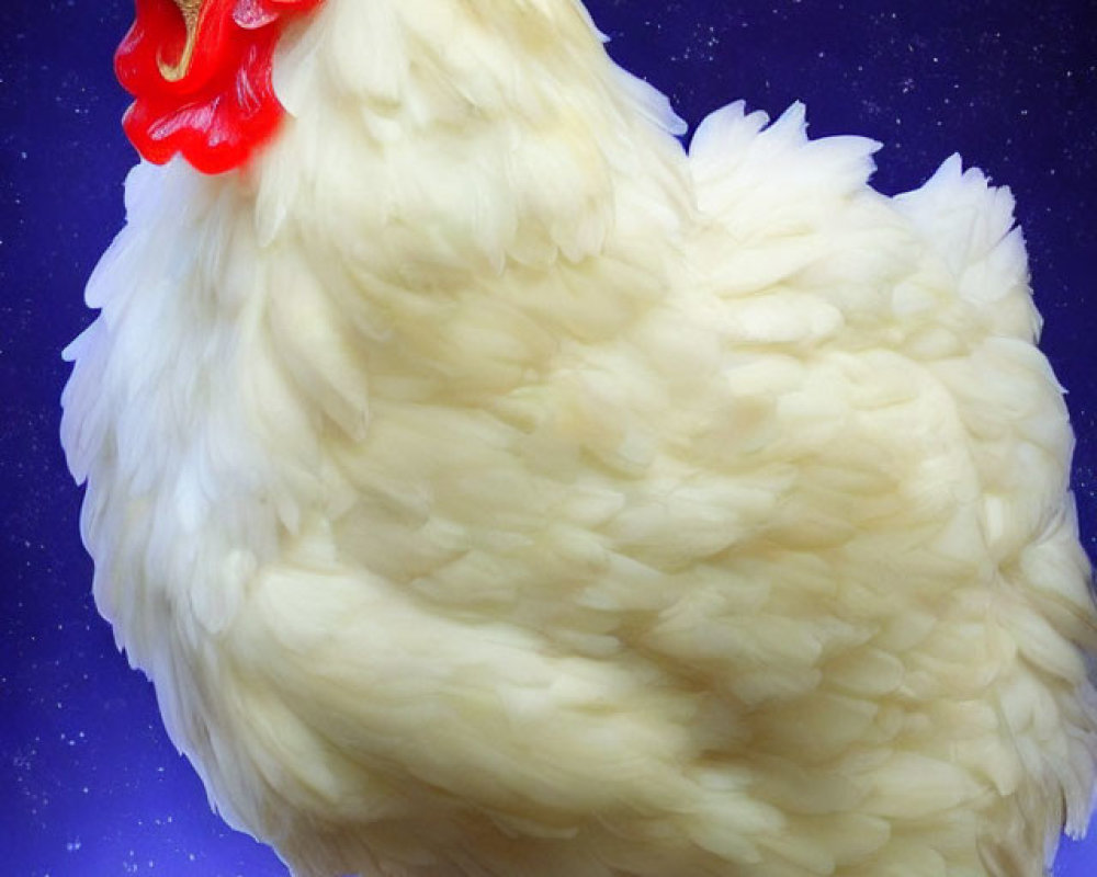 White Feathered Chicken with Red Comb on Starry Blue Background