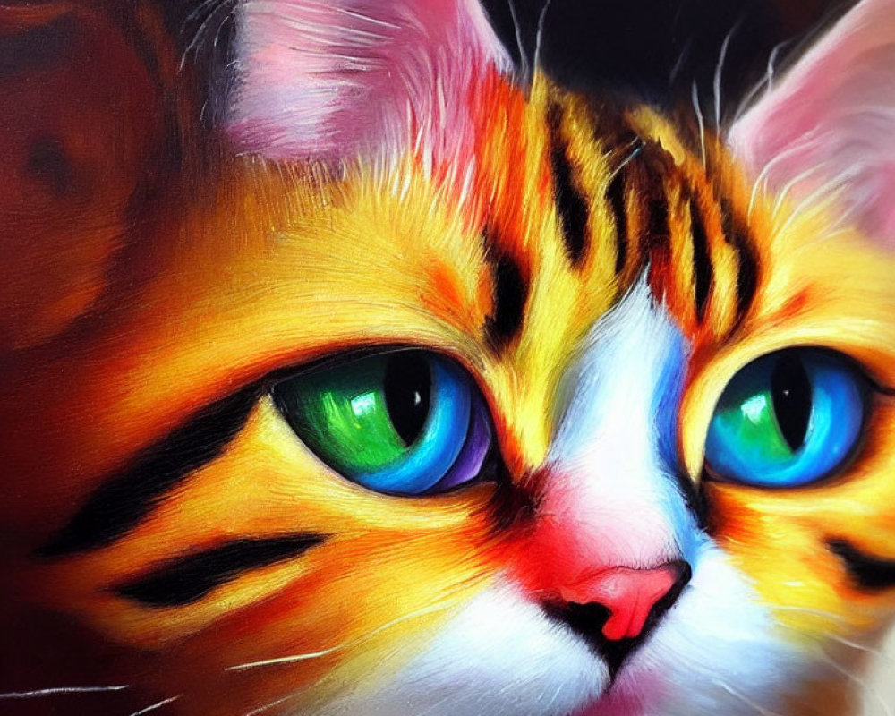 Close-up Painting: Vibrant Cat with Multicolored Eyes, Orange Fur, Stripes, Pink