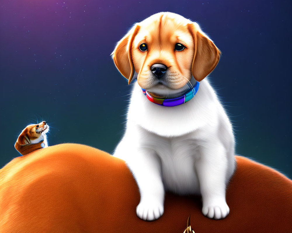 Whimsical digital illustration of large puppy with smaller version on nose in cosmic setting