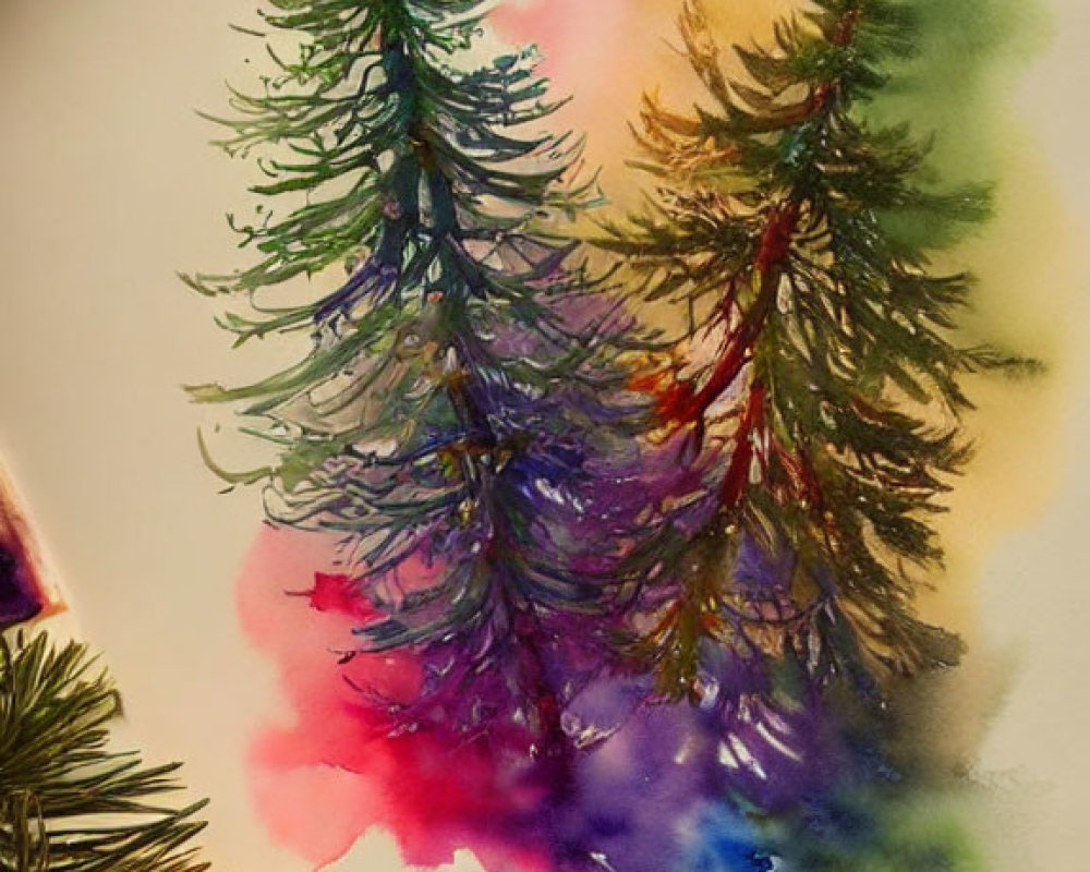 Serene watercolor painting of two pine trees with colorful background and artistic elements