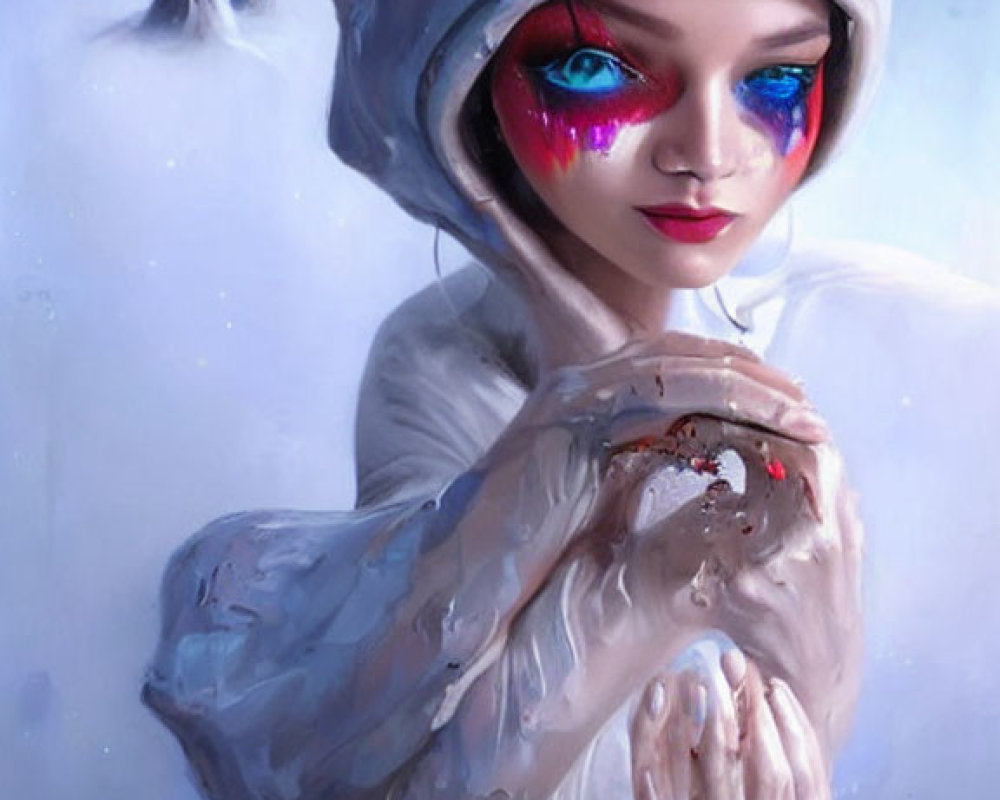 Digital painting of person with expressive blue eyes in 'toy' helmet holding mechanical heart on snowy backdrop