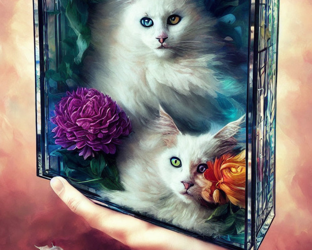 Hand holding mirror reflects one cat as two amidst vibrant flowers with contrasting eyes