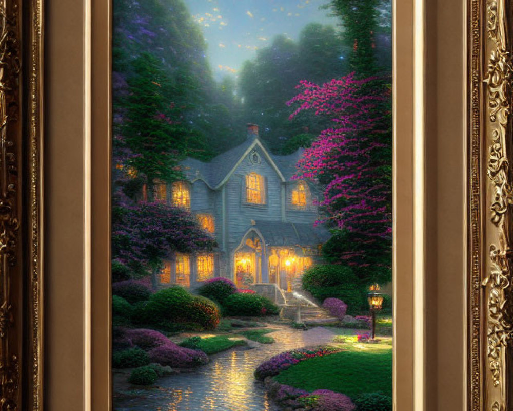 Detailed Painting of Cozy Cottage at Twilight