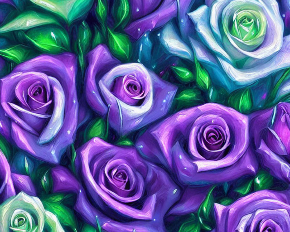 Colorful painting of purple and white roses with swirling, impressionistic style