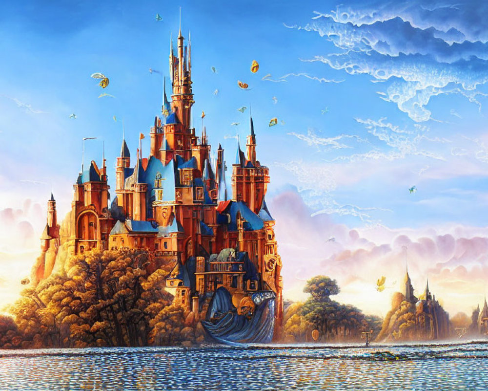 Enchanting castle with spires near lake, islands, airships, sunset sky