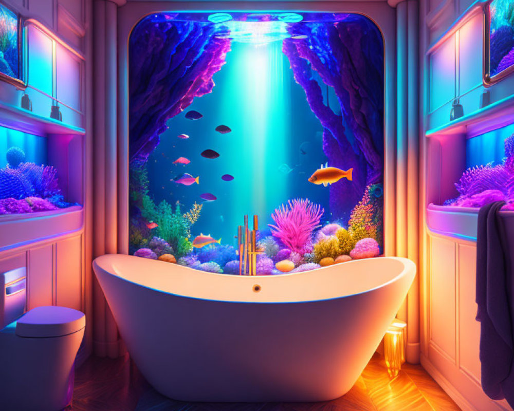 Colorful Underwater Ocean View Bathroom with White Bathtub