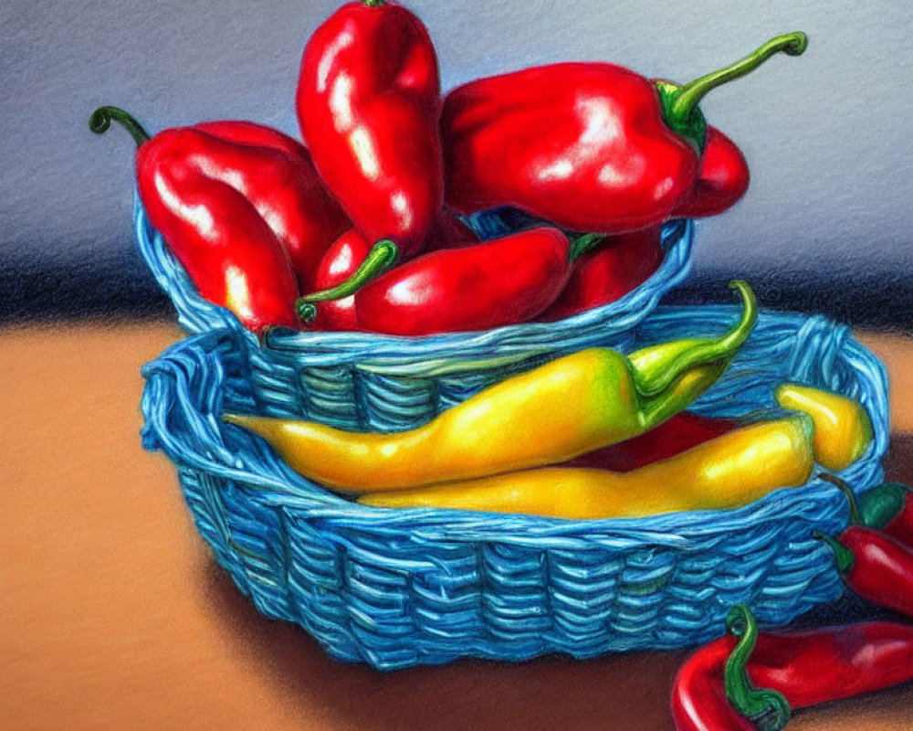 Colorful Drawing of Red and Yellow Chili Peppers in Blue Basket